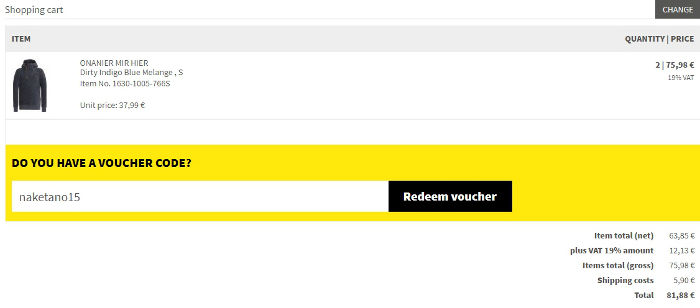 Naketano cart preview and promo code entry