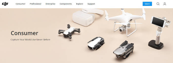 DJI website preview of consumer level drones