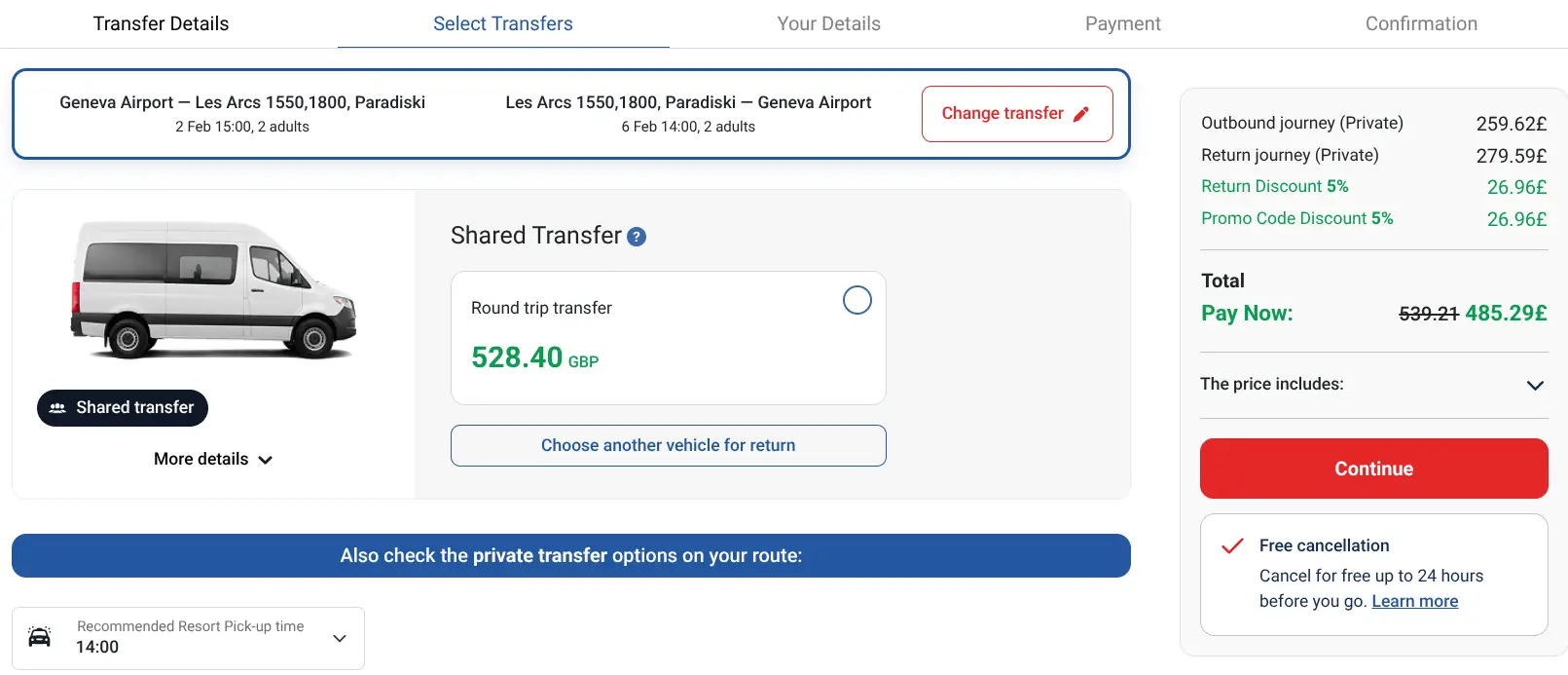 Ski transfer price summary showing shared transfer option and promo code discount applied.