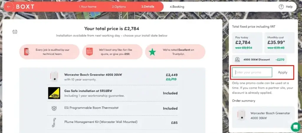 A screenshot of the BOXT checkout page showing a red box outlined around the "Enter your promo" input field on the right-hand sidebar.