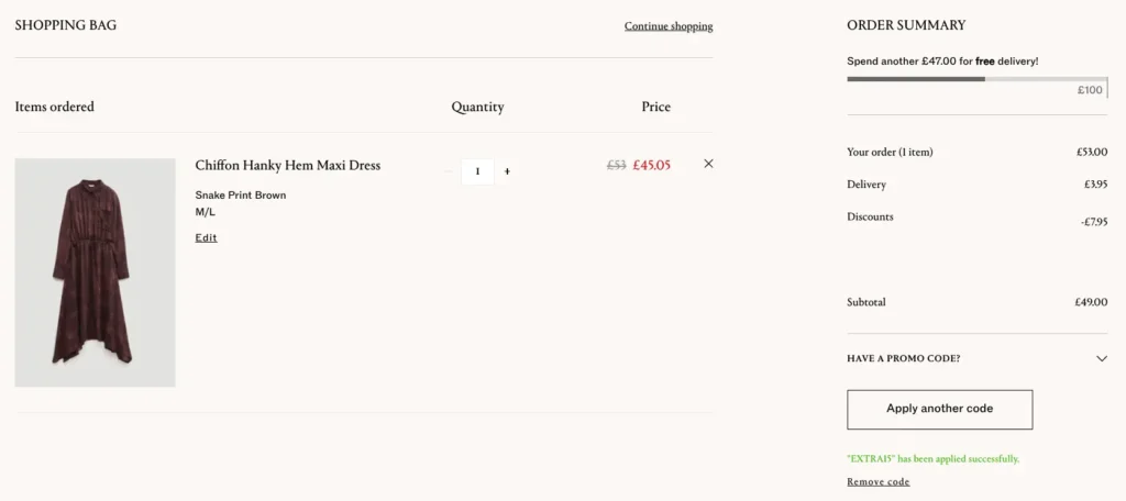 Hush shopping bag page showing a maxi dress in the basket with a promo code applied and updated order summary.