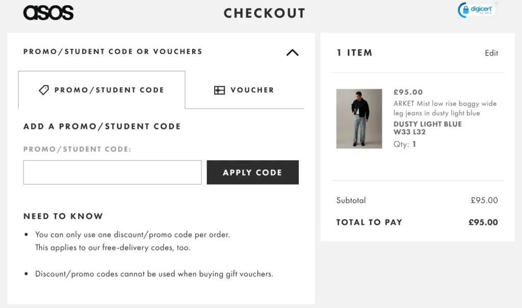 ASOS checkout promo code box with apply code button and order total summary