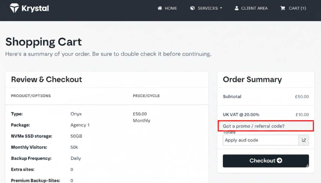 Krystal Hosting checkout screen showing a shopping cart summary and a red box highlighting the promo code link.