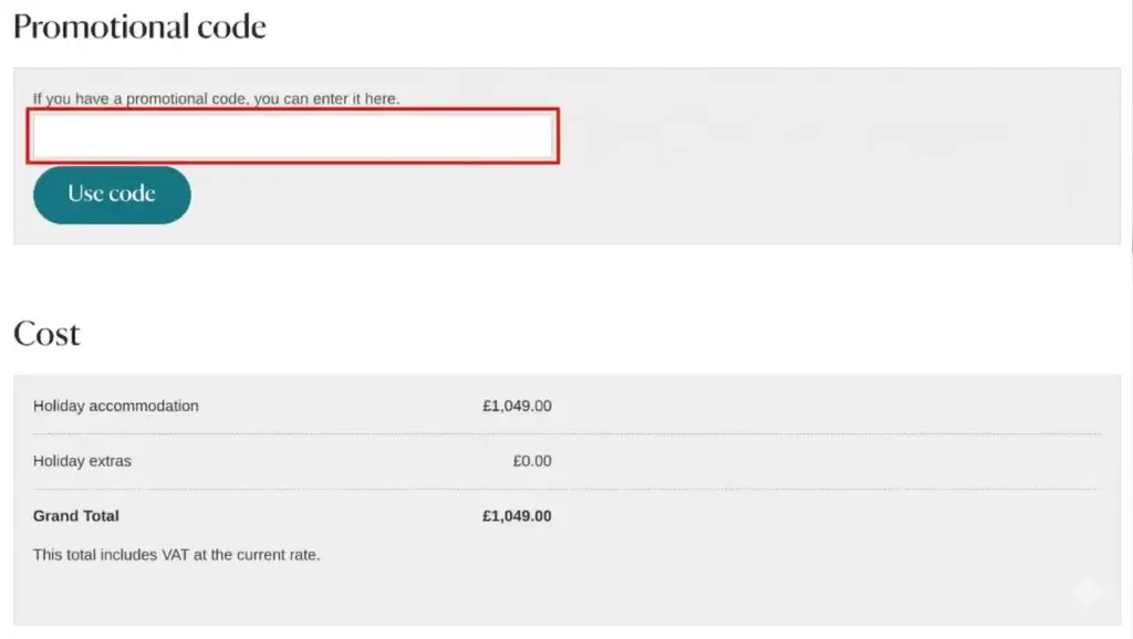 Promotional code box on checkout page with “Use code” button and holiday cost summary showing £1,049 total.