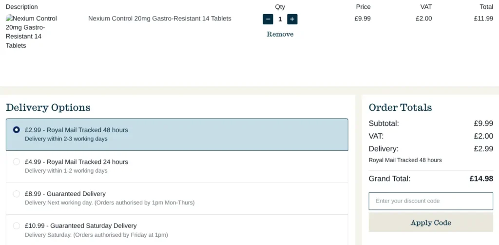 Oxford Online Pharmacy checkout page showing delivery options and discount code box with Apply Code button.