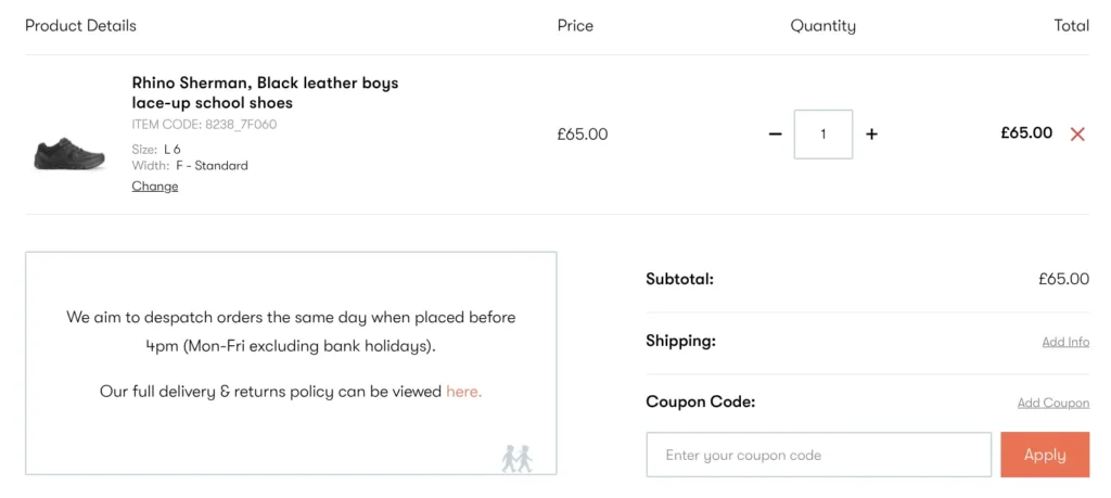 Start-rite checkout page showing where to enter a coupon code for school shoes.