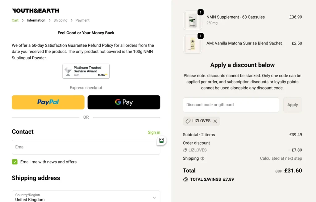 Youth & Earth checkout showing a discount code applied, order discount highlighted, and the updated total price.