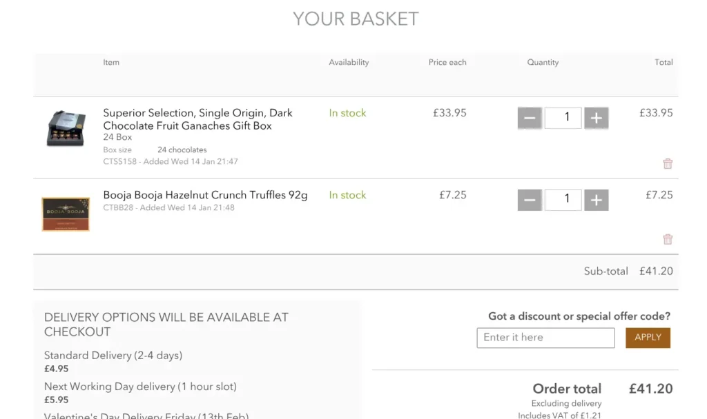 Chocolate Trading Company basket page showing items added and discount code box before checkout.