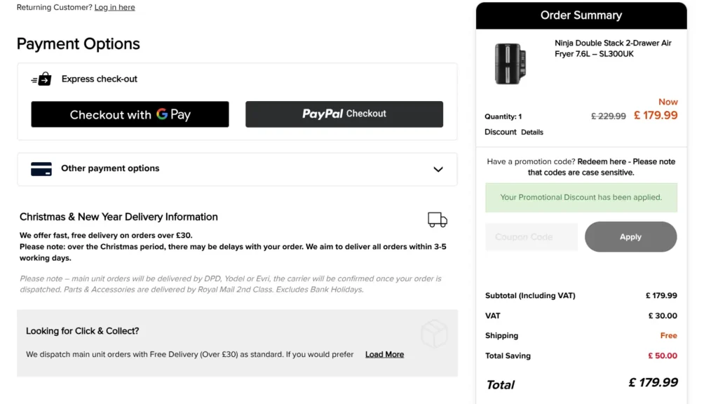 Ninja Kitchen checkout page showing promo code box with a £50 discount applied to a Double Stack 2-Drawer Air Fryer and free delivery.