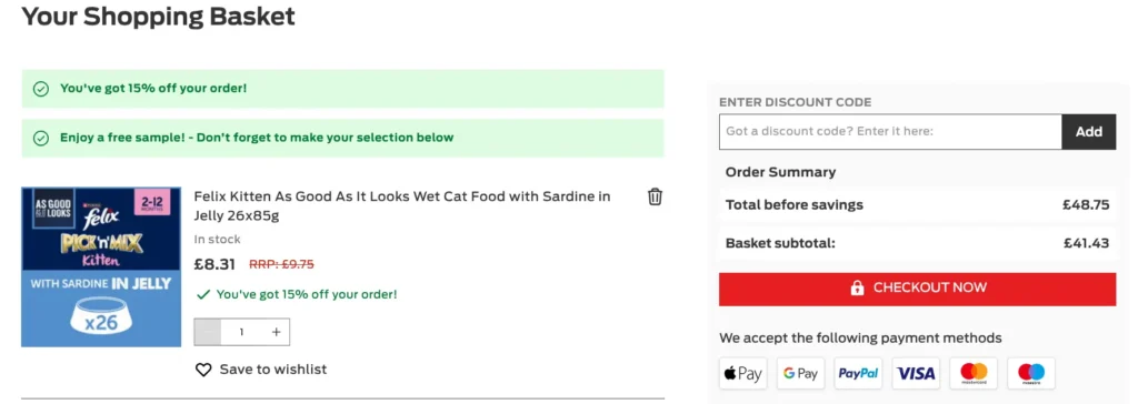 Purina Direct shopping basket showing discount code box and 15% off order applied.