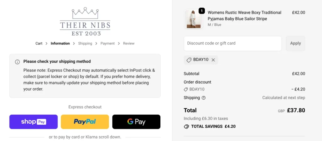 Their Nibs checkout page showing a discount code applied and total savings displayed.