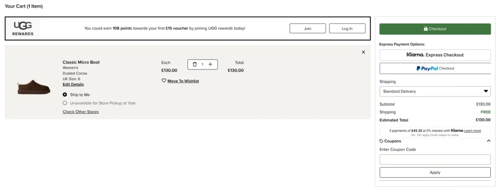 UGG shopping cart page showing coupon code box and estimated total before checkout.